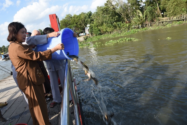 Praying for rebirth and releasing creatures in Ba Lua port, Cu Chi